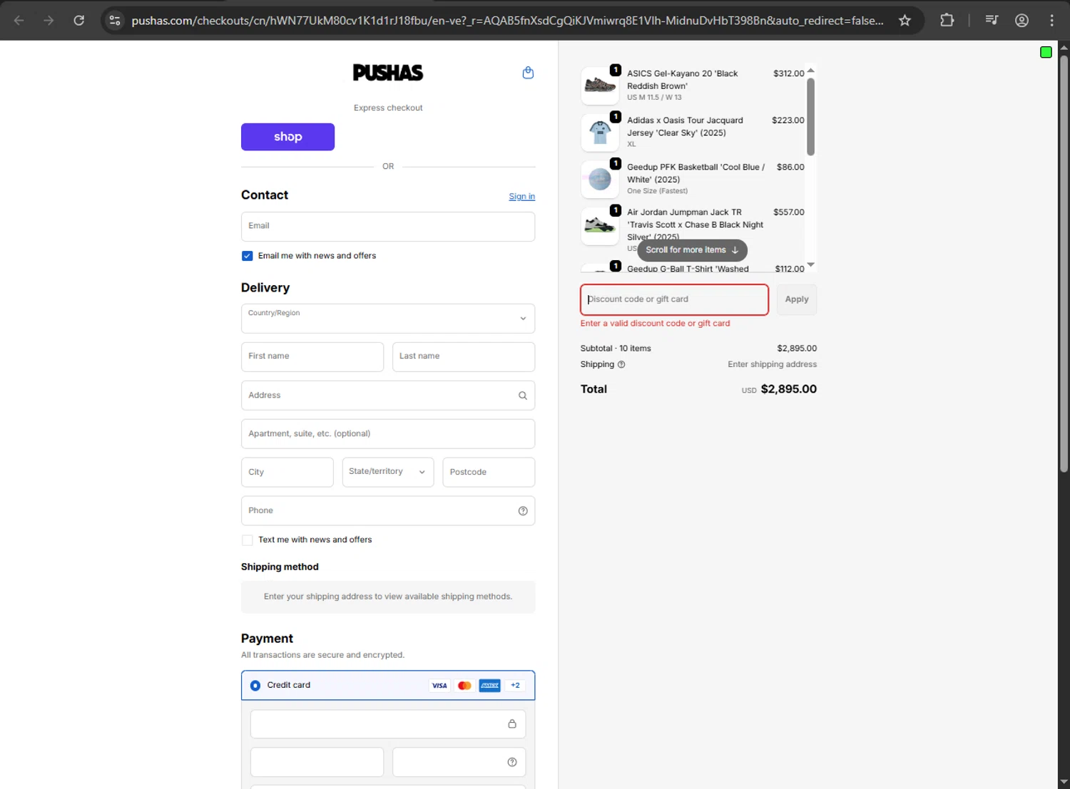 PUSHAS discount code screenshot showing code UGG10 applied at PUSHAS checkout page. Uploaded by SimplyCodes community member luffyreturn on Jan 1, 2026