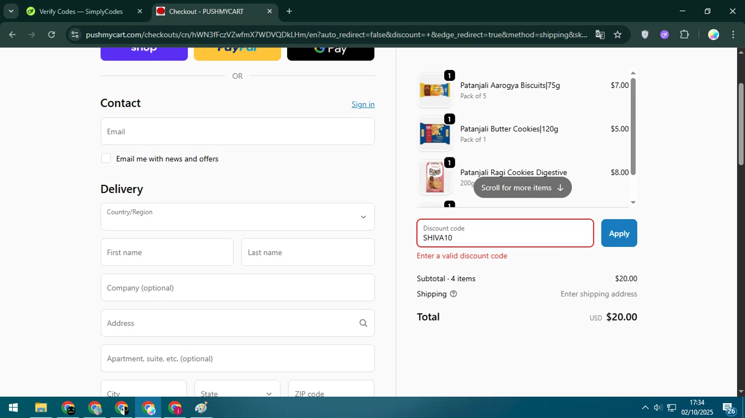 Pushmycart discount code screenshot showing code SHIVA10 applied at Pushmycart checkout page. Uploaded by SimplyCodes community member Estrellitacoairis on Oct 2, 2025