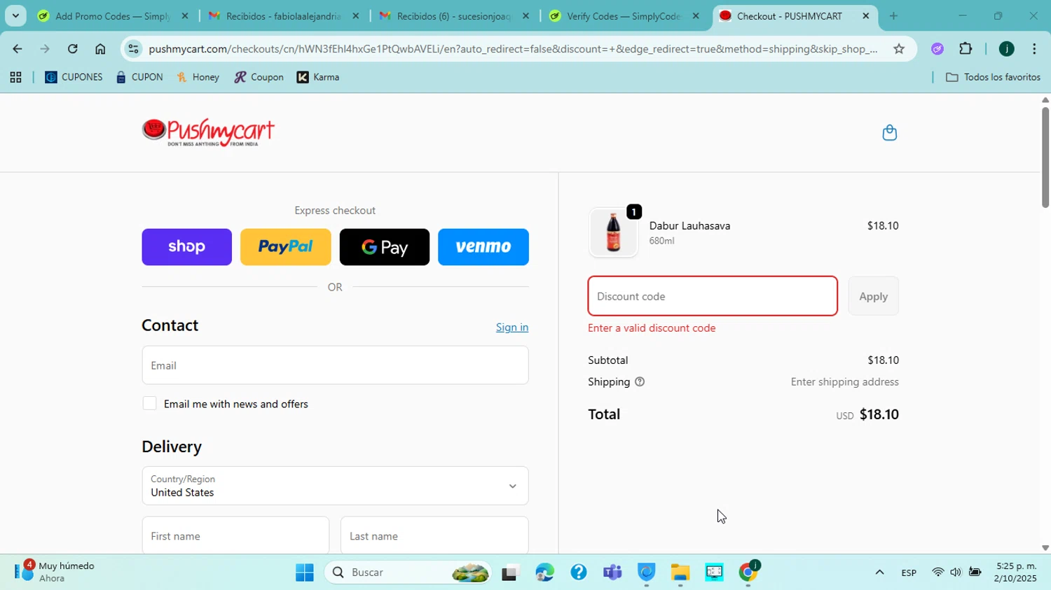 Pushmycart discount code screenshot showing code SHIVA10 applied at Pushmycart checkout page. Uploaded by SimplyCodes community member jorgejavierherrera on Oct 2, 2025