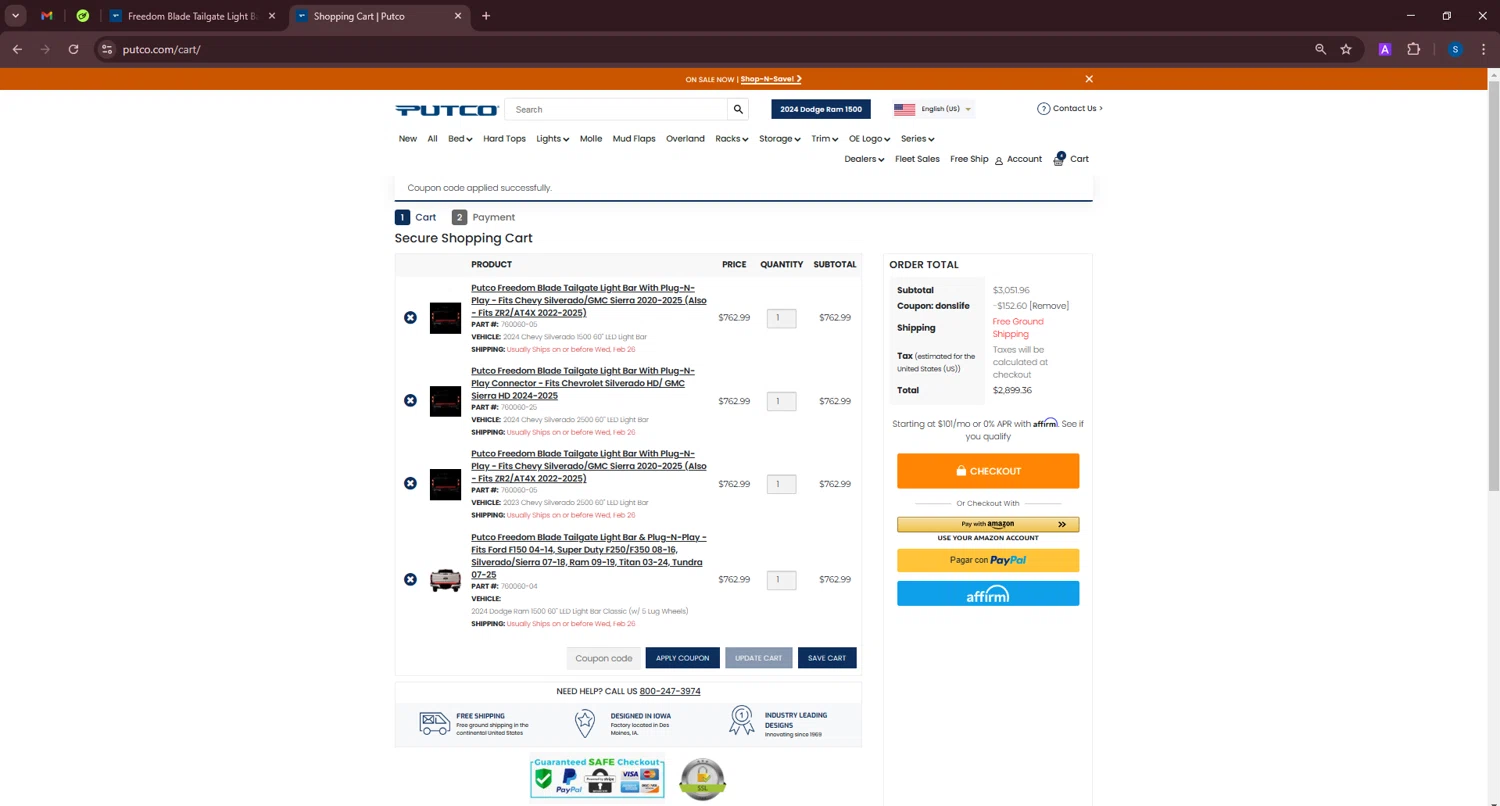 Putco checkout page showing Putco coupon code box | Screenshot taken by SimplyCodes community member on Feb 23, 2025