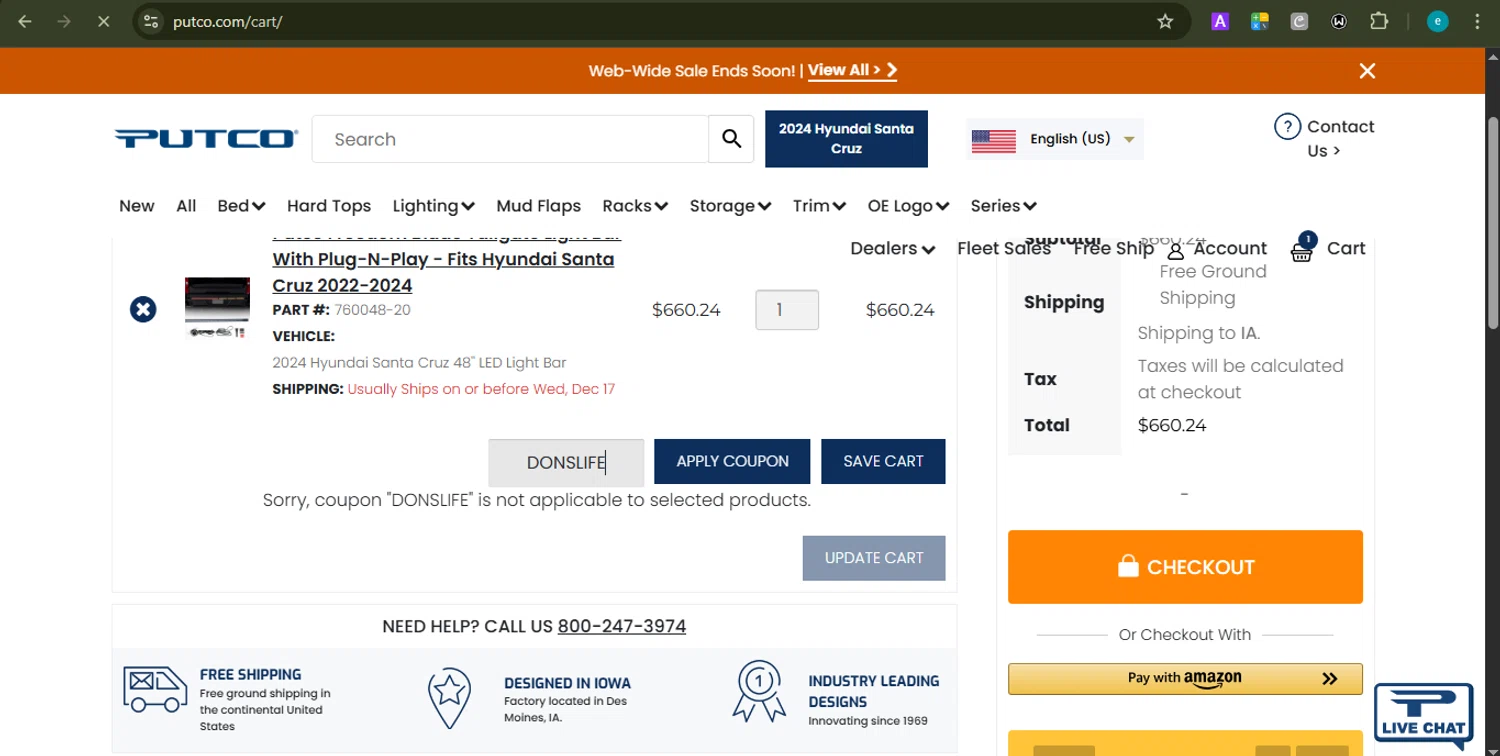 Putco coupon code screenshot showing code DONSLIFE applied at Putco checkout page. Uploaded by SimplyCodes community member LOVECOUPON on Dec 16, 2025