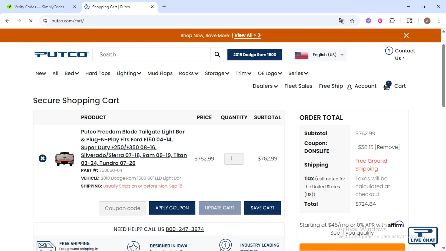 Putco coupon code screenshot showing code DONSLIFE applied at Putco checkout page. Uploaded by SimplyCodes community member SwiftSage2309 on Sep 12, 2025