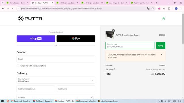 PUTTR checkout page showing PUTTR discount code box | Screenshot taken by SimplyCodes community member on Aug 1, 2024