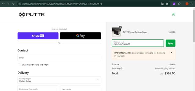 PUTTR checkout page showing PUTTR discount code box | Screenshot taken by SimplyCodes community member on Jun 29, 2024