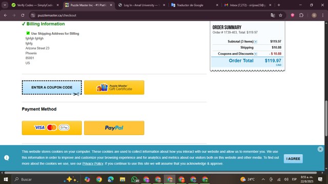 Puzzle Master checkout page showing Puzzle Master promo code box | Screenshot taken by SimplyCodes community member on Aug 22, 2025