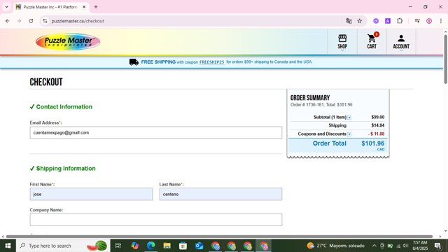 Puzzle Master checkout page showing Puzzle Master promo code box | Screenshot taken by SimplyCodes community member on Aug 4, 2025
