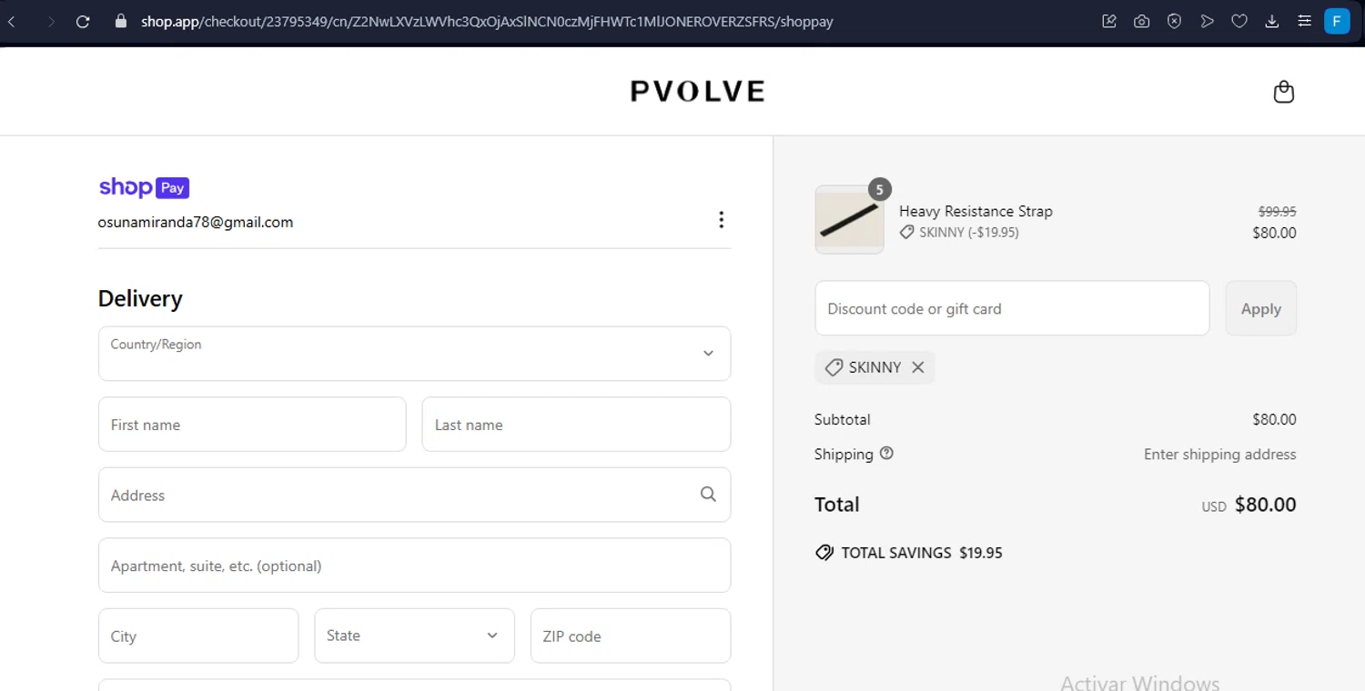 P.volve discount code screenshot showing code SKINNY applied at P.volve checkout page. Uploaded by SimplyCodes community member FramiraGaminG on Apr 21, 2025