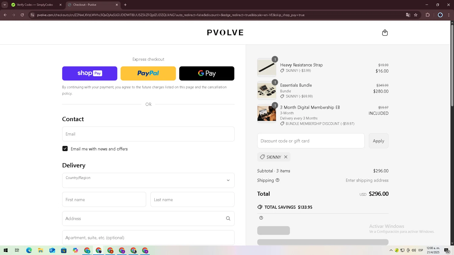 P.volve discount code screenshot showing code SKINNY applied at P.volve checkout page. Uploaded by SimplyCodes community member jessrodrguez2 on Apr 21, 2025