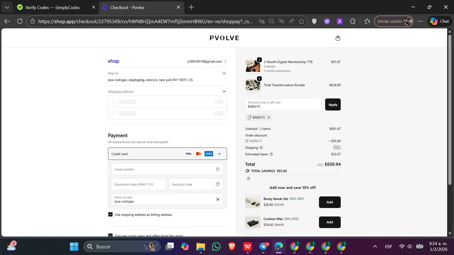 P.volve discount code screenshot showing code BABSI15 applied at P.volve checkout page. Uploaded by SimplyCodes community member Toji_fushiguro on Feb 1, 2026
