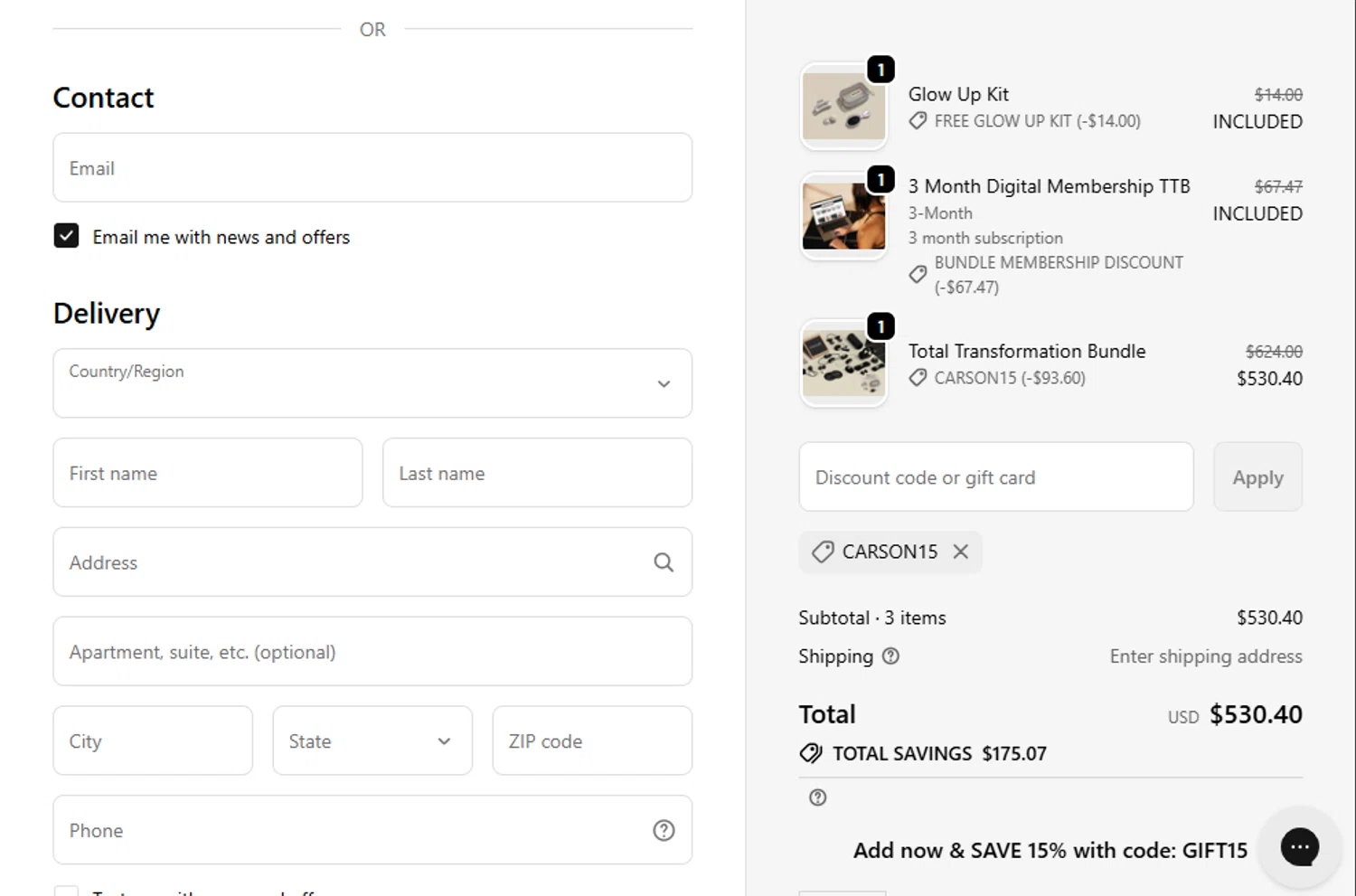 P.volve discount code screenshot showing code CARSON15 applied at P.volve checkout page. Uploaded by SimplyCodes community member k2k2k2k2 on Dec 24, 2025