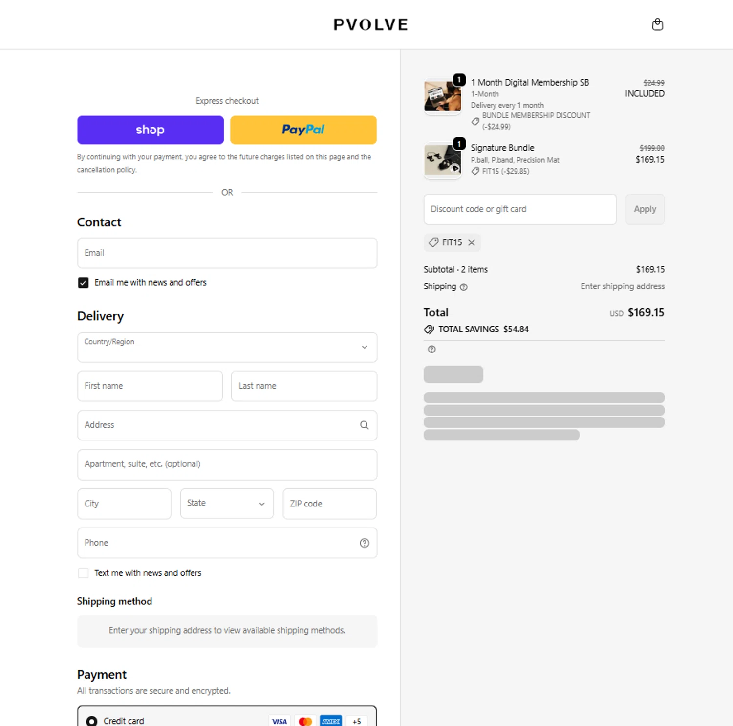 P.volve discount code screenshot showing code FIT15 applied at P.volve checkout page. Uploaded by SimplyCodes community member reggiesmith on Jan 17, 2026