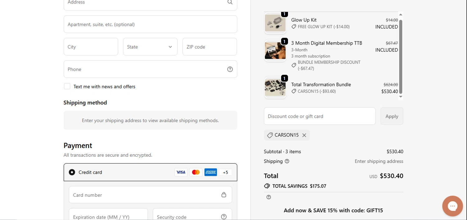 P.volve discount code screenshot showing code CARSON15 applied at P.volve checkout page. Uploaded by SimplyCodes community member juanisaac on Dec 23, 2025