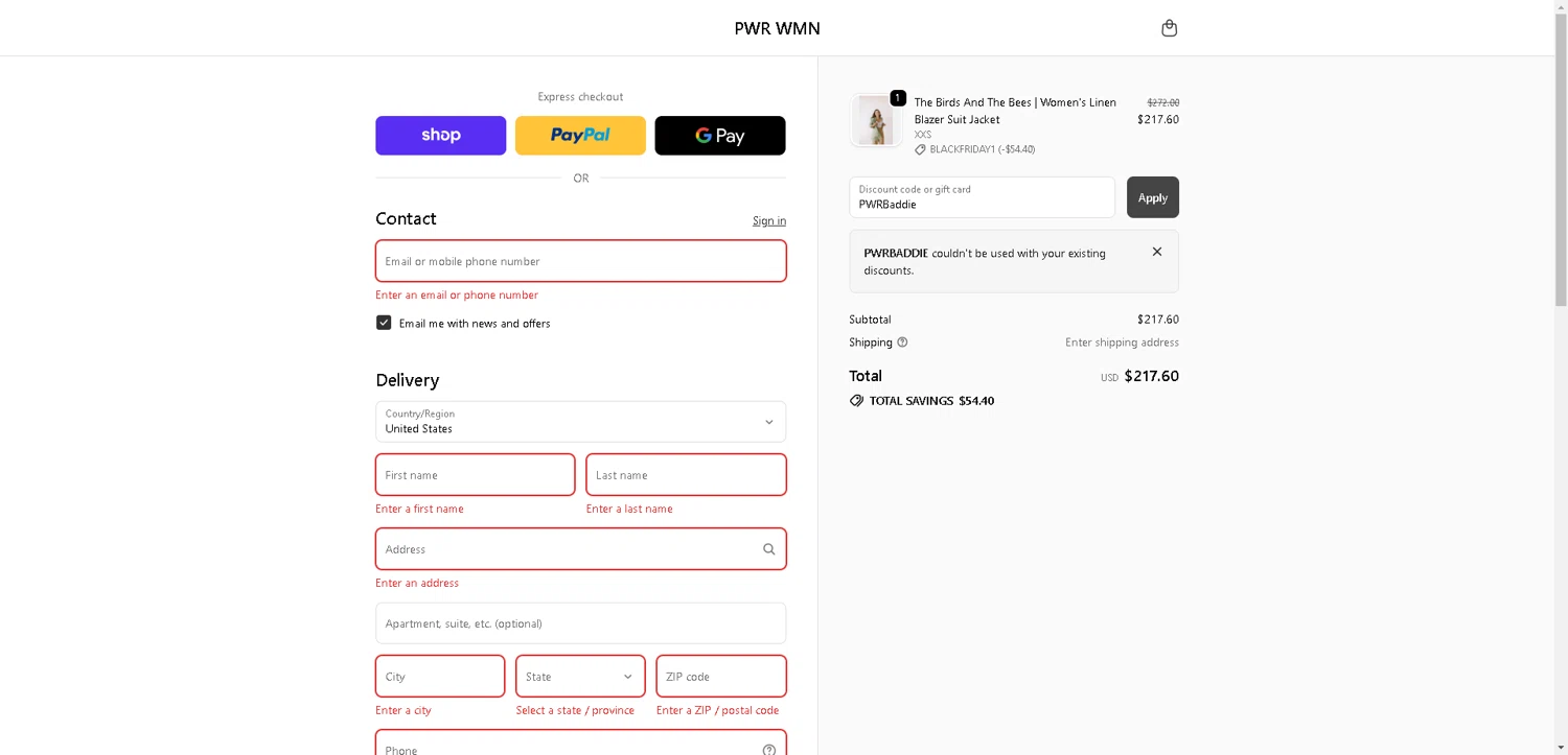 PWR WMN promo code screenshot showing code PWRBaddie applied at PWR WMN checkout page. Uploaded by SimplyCodes community member PrimeSentinel4675 on Nov 27, 2025