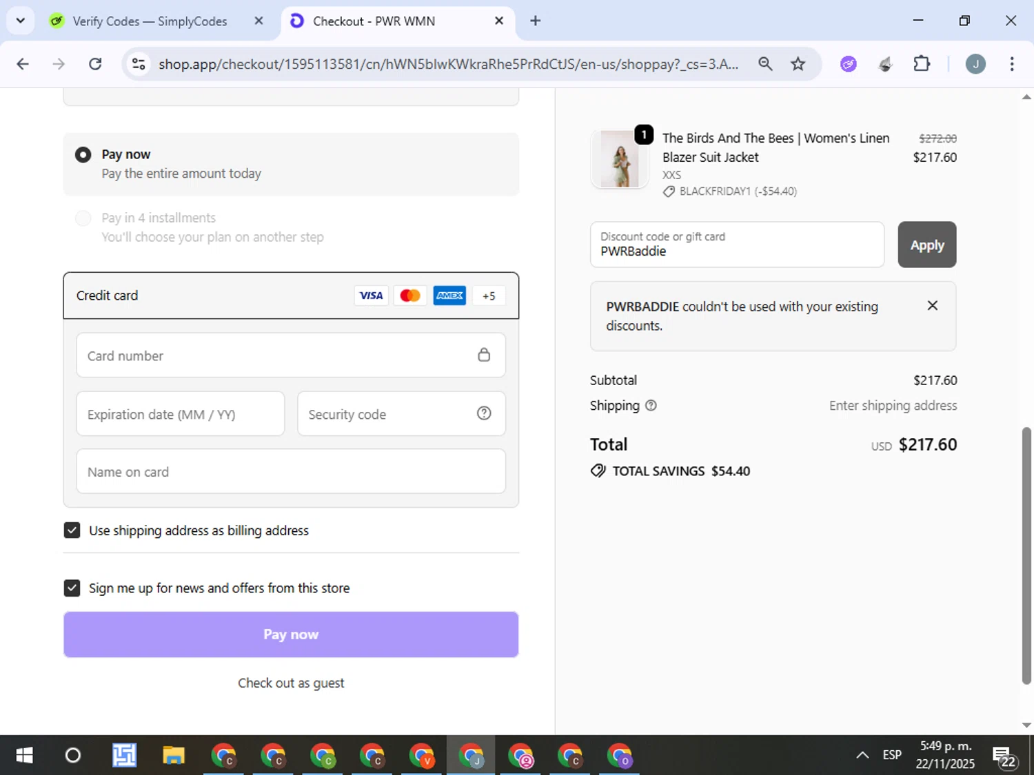 PWR WMN promo code screenshot showing code PWRBaddie applied at PWR WMN checkout page. Uploaded by SimplyCodes community member ValueTracker8384 on Nov 22, 2025