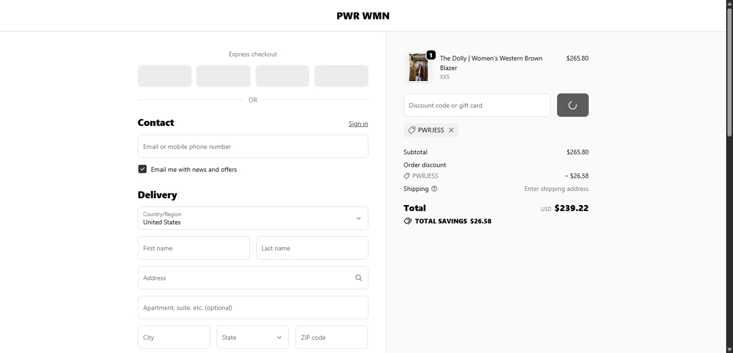PWR WMN promo code screenshot showing code PWRJESS applied at PWR WMN checkout page. Uploaded by SimplyCodes community member Lorencia on Oct 25, 2025