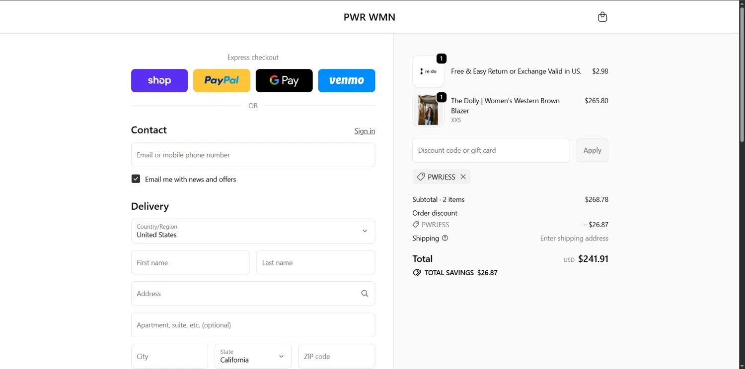 PWR WMN promo code screenshot showing code PWRJESS applied at PWR WMN checkout page. Uploaded by SimplyCodes community member Depressive on Oct 25, 2025