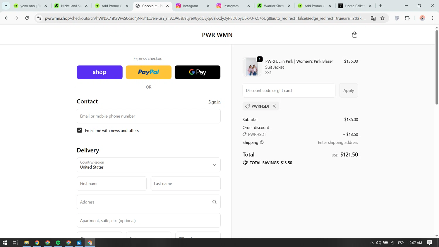 PWR WMN promo code screenshot showing code PWRHSDT applied at PWR WMN checkout page. Uploaded by SimplyCodes community member yokoono10 on Nov 12, 2025