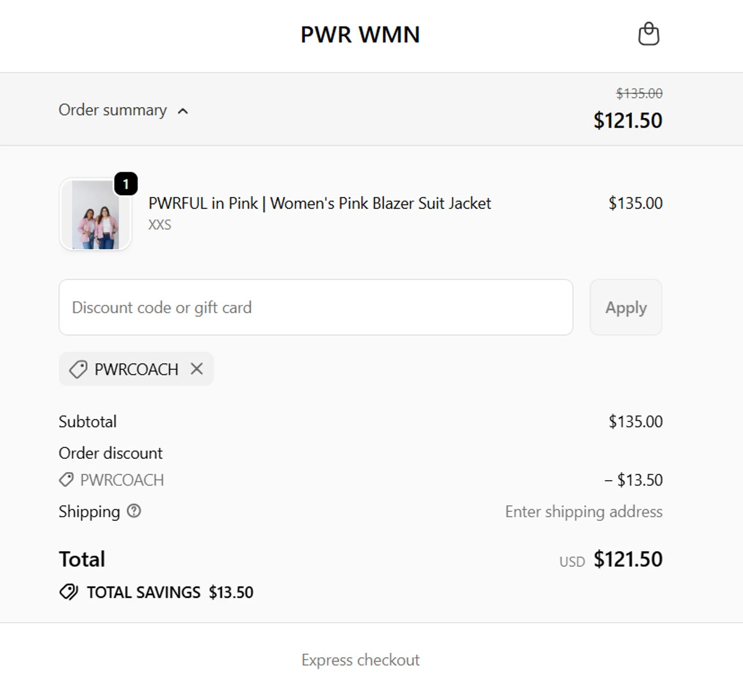 PWR WMN promo code screenshot showing code PWRCOACH applied at PWR WMN checkout page. Uploaded by SimplyCodes community member yokoono10 on Nov 12, 2025