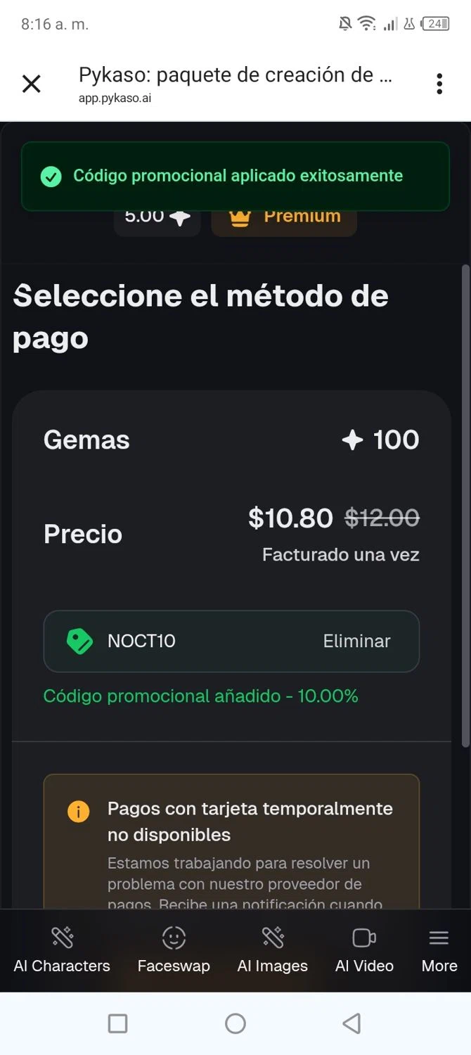Pykaso AI promo code screenshot showing code NOCT10 applied at Pykaso AI checkout page. Uploaded by SimplyCodes community member BonusVoyager4214 on Feb 7, 2026