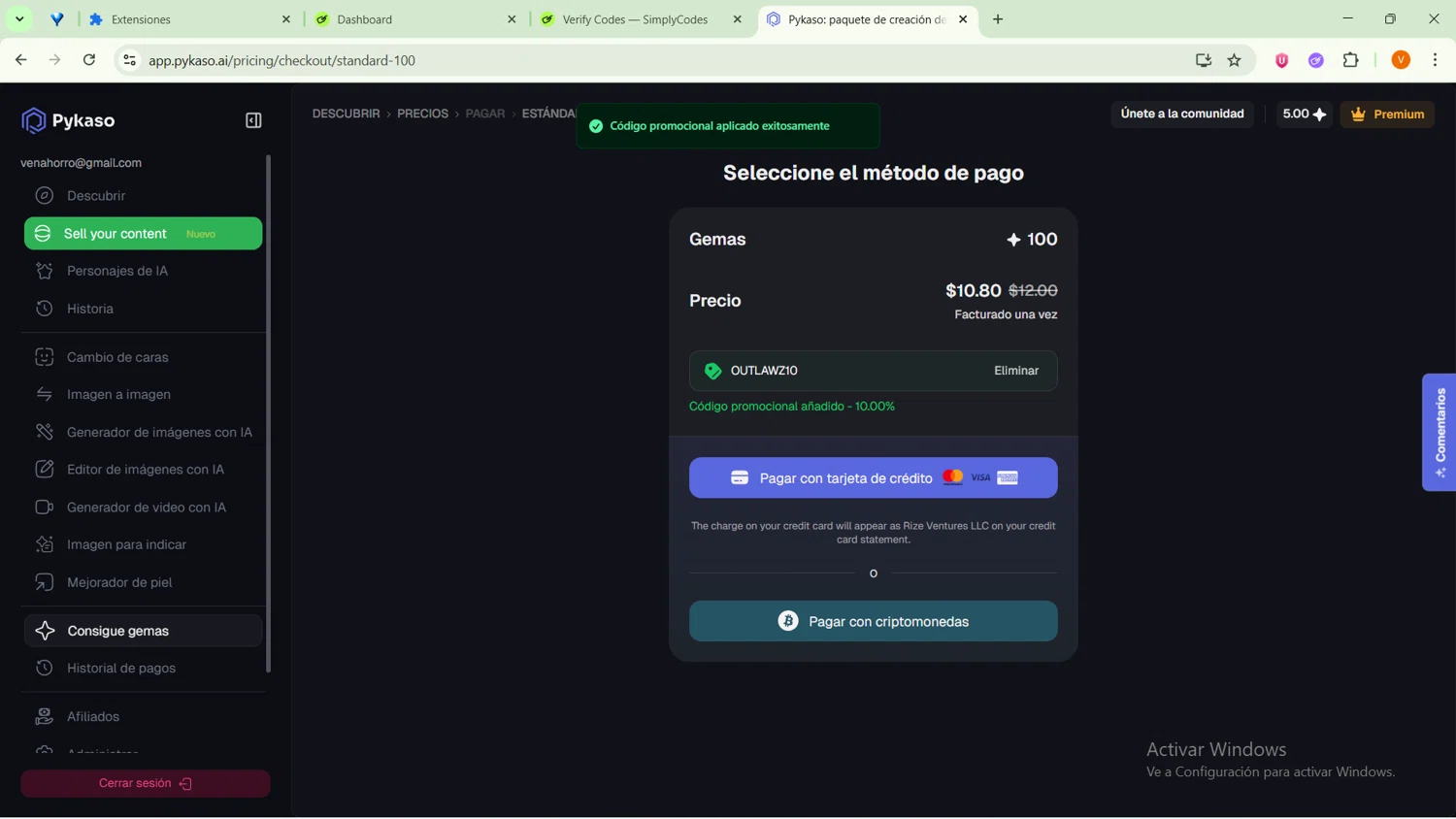 Pykaso AI promo code screenshot showing code OUTLAWZ10 applied at Pykaso AI checkout page. Uploaded by SimplyCodes community member ExtraordinarySaver9637 on Oct 5, 2025