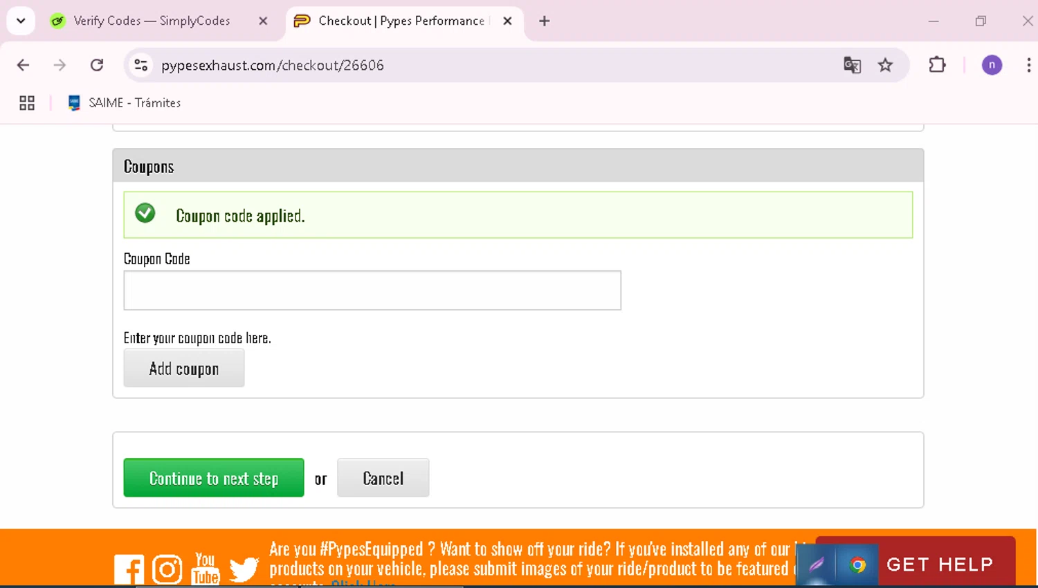 Pypes Performance Exhaust promo code screenshot showing code NEWSLETTER applied at Pypes Performance Exhaust checkout page. Uploaded by SimplyCodes community member nairelysnavarro1 on May 3, 2025