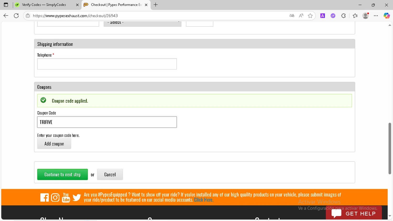 Pypes Performance Exhaust promo code screenshot showing code TRIFIVE applied at Pypes Performance Exhaust checkout page. Uploaded by SimplyCodes community member Santiagotremont on May 17, 2025