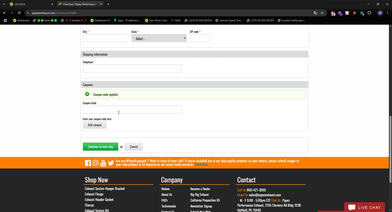 Pypes Performance Exhaust promo code screenshot showing code JULY2024 applied at Pypes Performance Exhaust checkout page. Uploaded by SimplyCodes community member SavvySeeker200 on Apr 28, 2025