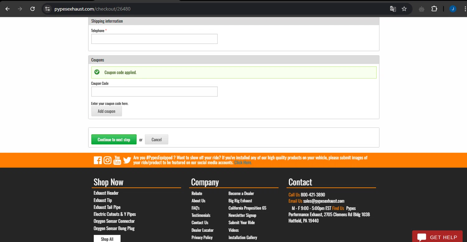 Pypes Performance Exhaust promo code screenshot showing code JULY2024 applied at Pypes Performance Exhaust checkout page. Uploaded by SimplyCodes community member LegendarySage5106 on Apr 28, 2025
