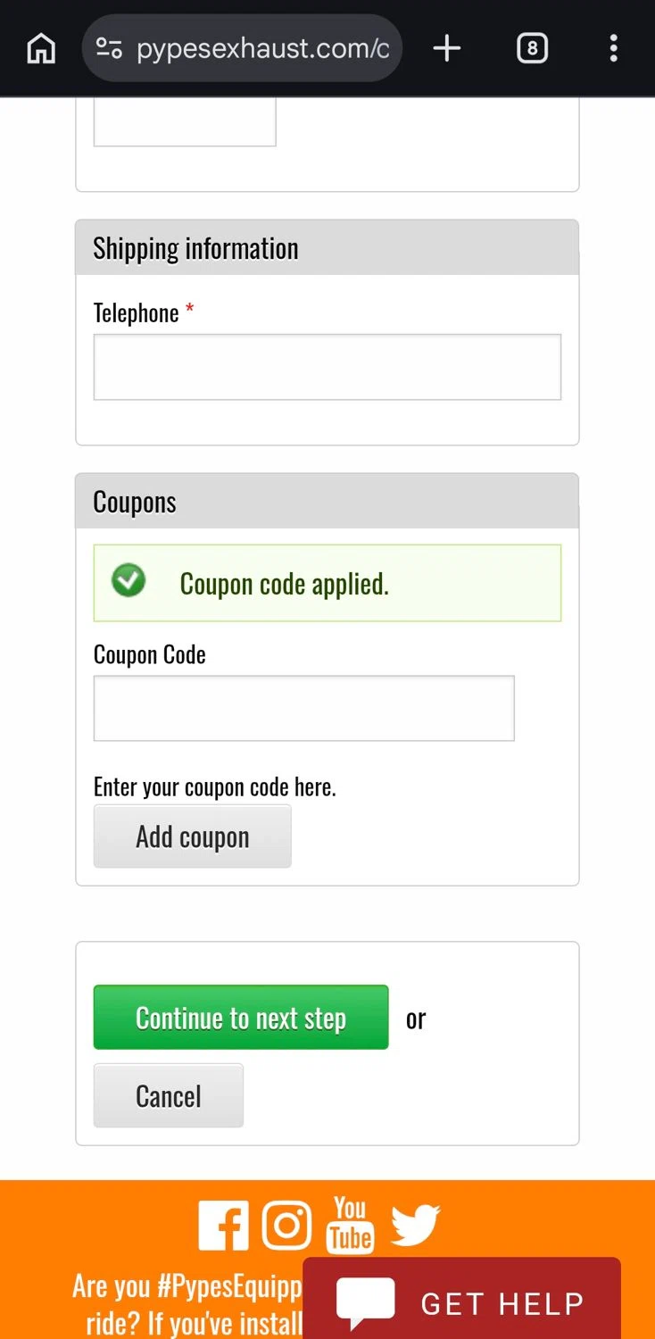 Pypes Performance Exhaust checkout page showing Pypes Performance Exhaust promo code box | Screenshot taken by SimplyCodes community member on Feb 22, 2026