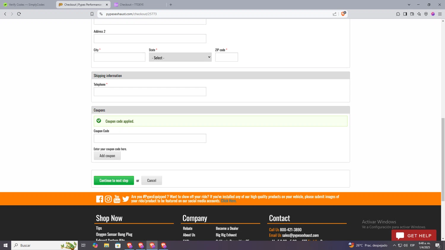 Pypes Performance Exhaust promo code screenshot showing code HORSEPLAY applied at Pypes Performance Exhaust checkout page. Uploaded by SimplyCodes community member Machi005 on Apr 1, 2025