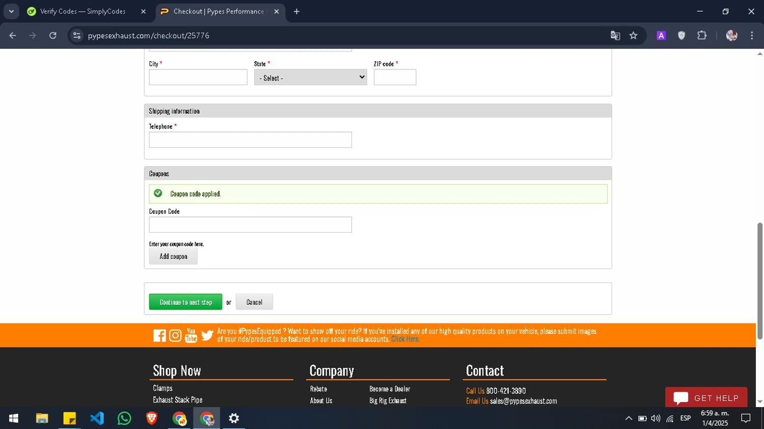 Pypes Performance Exhaust promo code screenshot showing code HORSEPLAY applied at Pypes Performance Exhaust checkout page. Uploaded by SimplyCodes community member Pansito on Apr 1, 2025