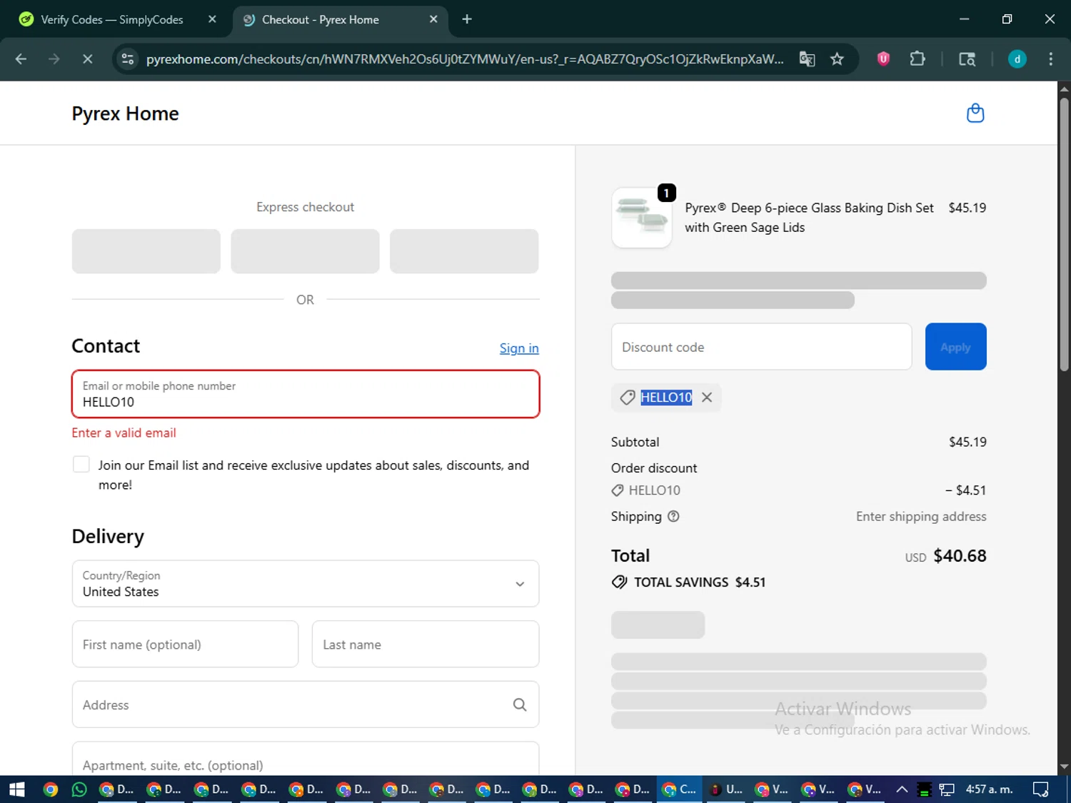 Pyrex checkout page showing Pyrex promo code box | Screenshot taken by SimplyCodes community member on Jan 10, 2026