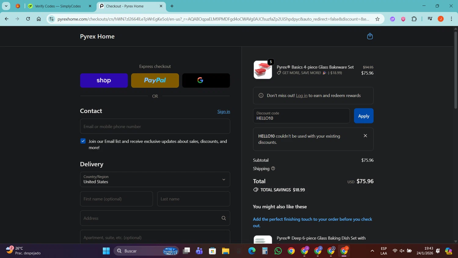 Pyrex promo code screenshot showing code HELLO10 applied at Pyrex checkout page. Uploaded by SimplyCodes community member FortunateRanger1171 on Jan 24, 2026