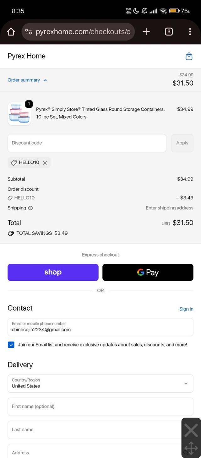 Pyrex checkout page showing Pyrex promo code box | Screenshot taken by SimplyCodes community member on Oct 5, 2025