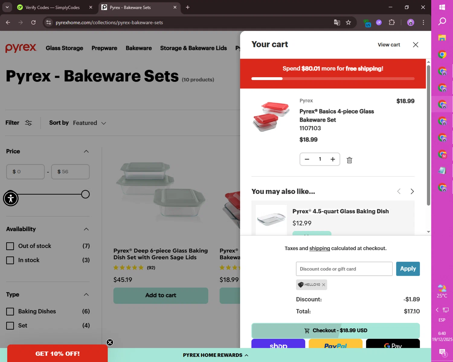 Pyrex promo code screenshot showing code HELLO10 applied at Pyrex checkout page. Uploaded by SimplyCodes community member ositouno on Dec 19, 2025