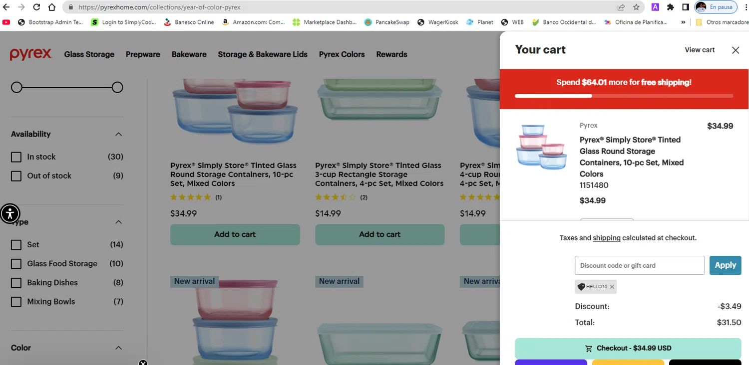Pyrex checkout page showing Pyrex promo code box | Screenshot taken by SimplyCodes community member on Jan 29, 2026