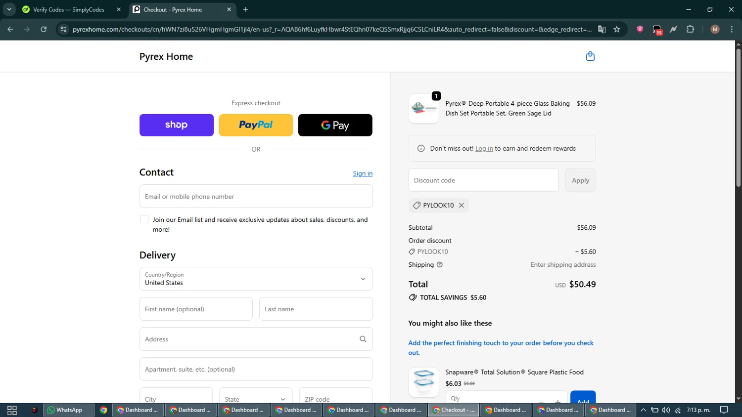 Pyrex promo code screenshot showing code PYLOOK10 applied at Pyrex checkout page. Uploaded by SimplyCodes community member DiscountTitan4635 on Jan 24, 2026