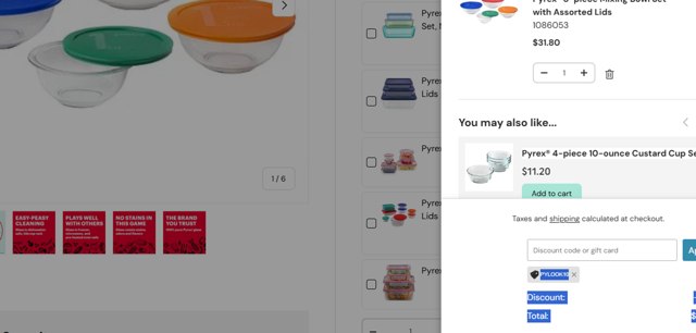 Pyrex checkout page showing Pyrex promo code box | Screenshot taken by SimplyCodes community member on Sep 6, 2025