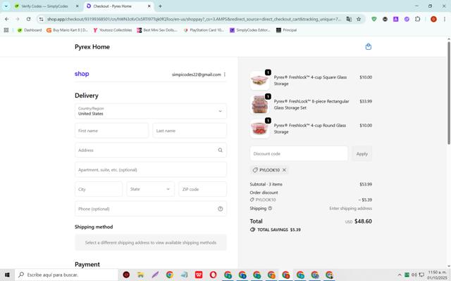 Pyrex checkout page showing Pyrex promo code box | Screenshot taken by SimplyCodes community member on Oct 1, 2025