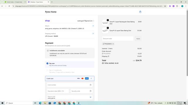 Pyrex checkout page showing Pyrex promo code box | Screenshot taken by SimplyCodes community member on Oct 5, 2025