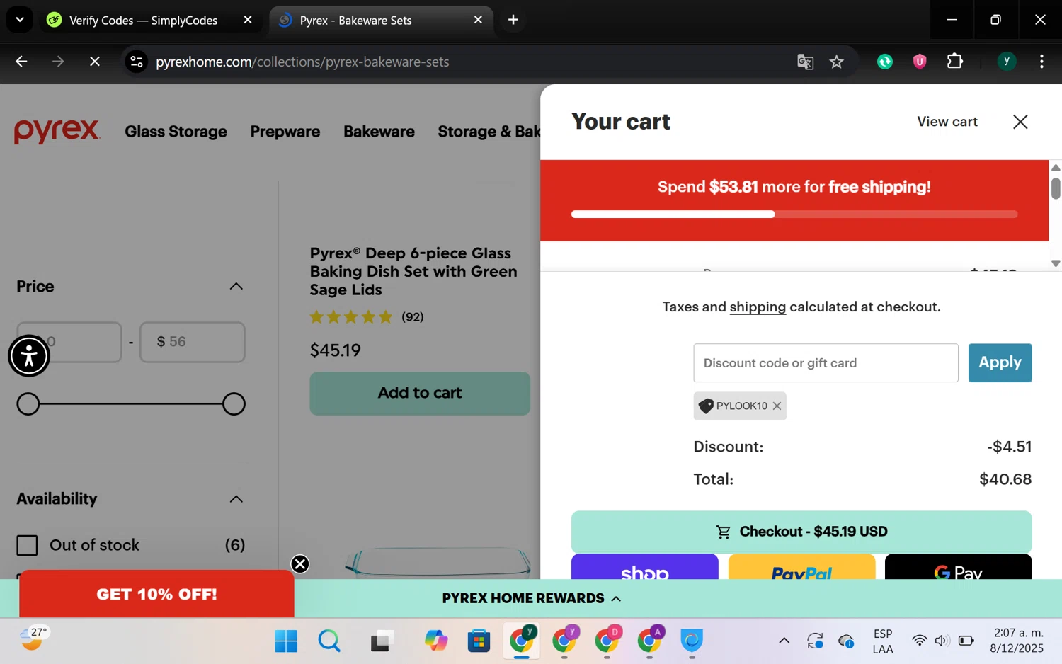 Pyrex promo code screenshot showing code PYLOOK10 applied at Pyrex checkout page. Uploaded by SimplyCodes community member chespi on Dec 8, 2025