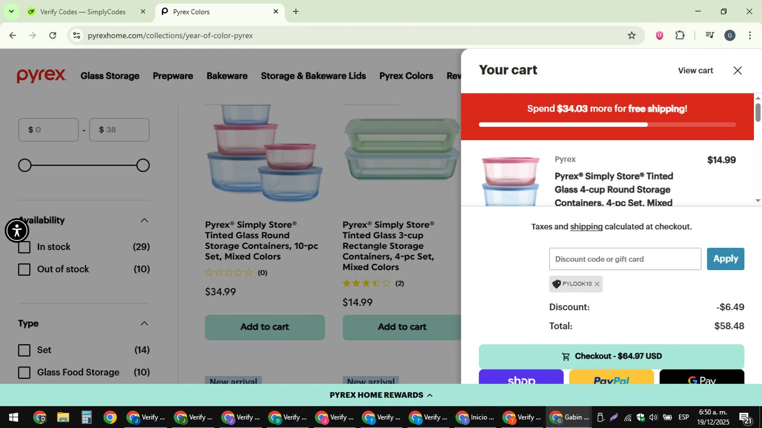 Pyrex promo code screenshot showing code PYLOOK10 applied at Pyrex checkout page. Uploaded by SimplyCodes community member gabinharris55 on Dec 19, 2025