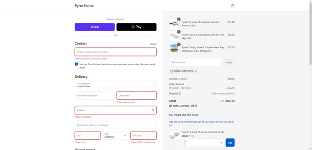 Pyrex checkout page showing Pyrex promo code box | Screenshot taken by SimplyCodes community member on Sep 6, 2025