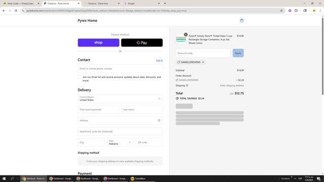 Pyrex checkout page showing Pyrex promo code box | Screenshot taken by SimplyCodes community member on Sep 2, 2025