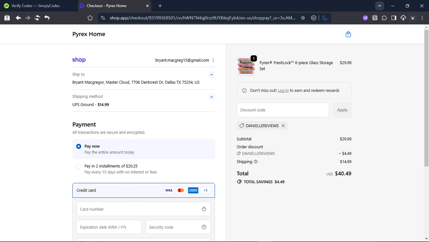 Pyrex checkout page showing Pyrex promo code box | Screenshot taken by SimplyCodes community member on Jan 8, 2026