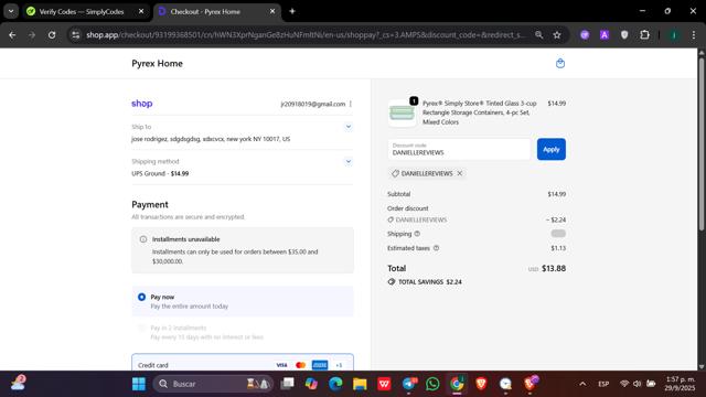 Pyrex checkout page showing Pyrex promo code box | Screenshot taken by SimplyCodes community member on Sep 29, 2025