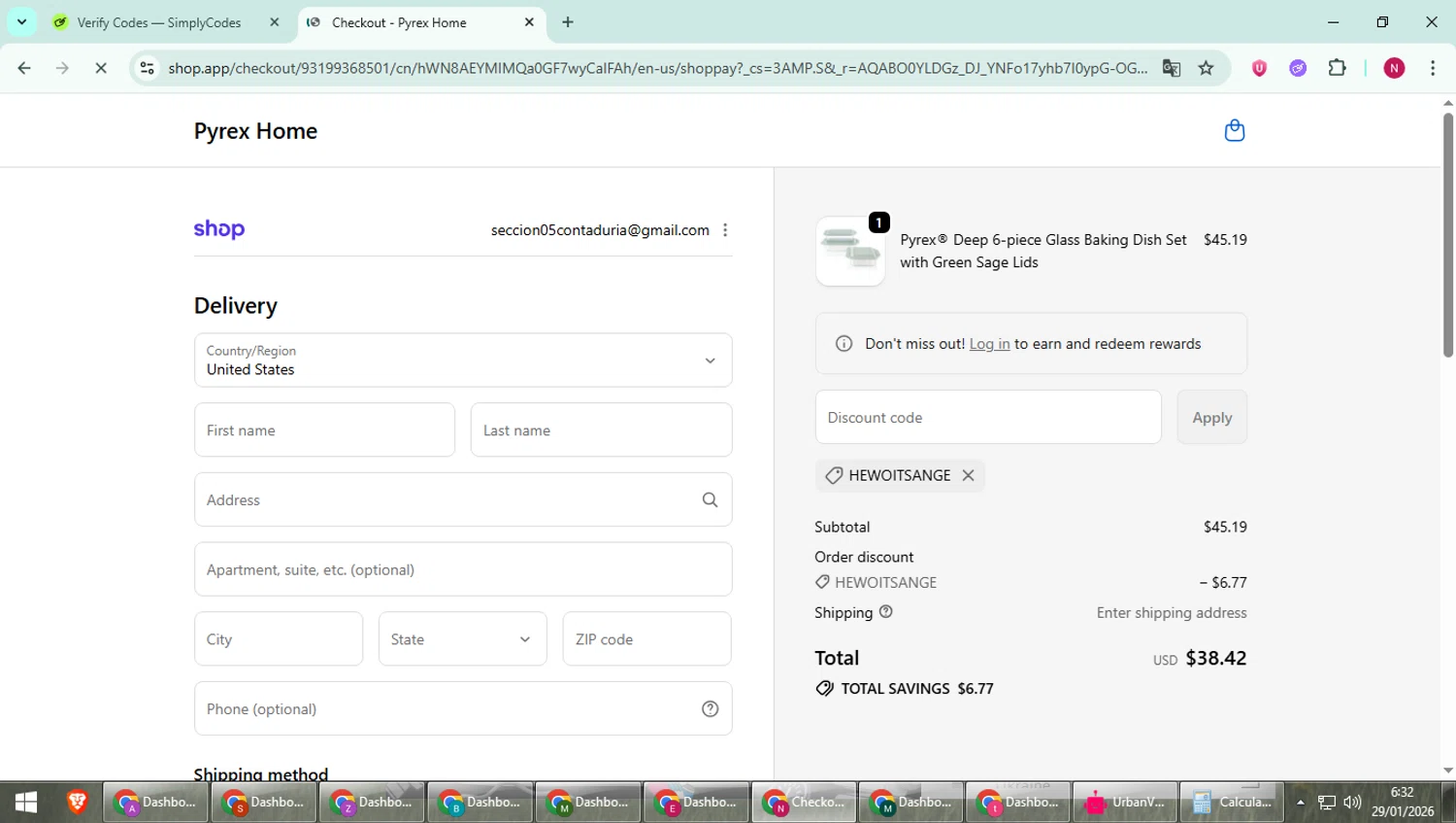 Pyrex checkout page showing Pyrex promo code box | Screenshot taken by SimplyCodes community member on Jan 29, 2026