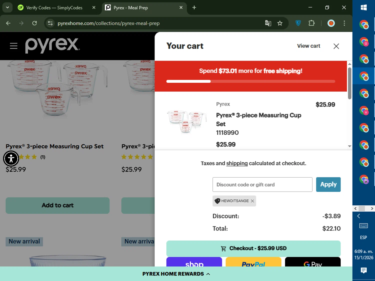 Pyrex promo code screenshot showing code HEWOITSANGE applied at Pyrex checkout page. Uploaded by SimplyCodes community member DealTiger9869 on Jan 15, 2026