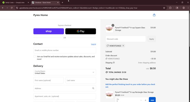 Pyrex checkout page showing Pyrex promo code box | Screenshot taken by SimplyCodes community member on Sep 2, 2025