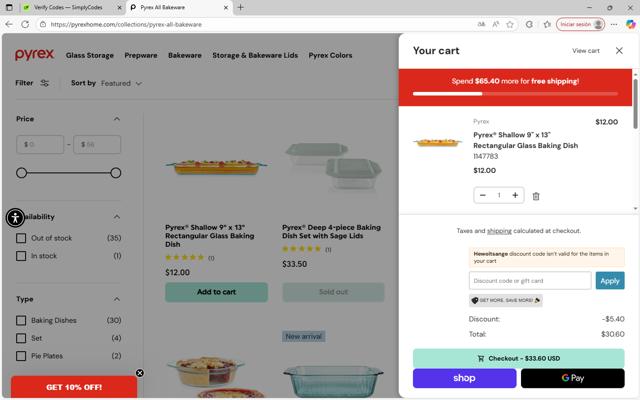 Pyrex checkout page showing Pyrex promo code box | Screenshot taken by SimplyCodes community member on Oct 3, 2025